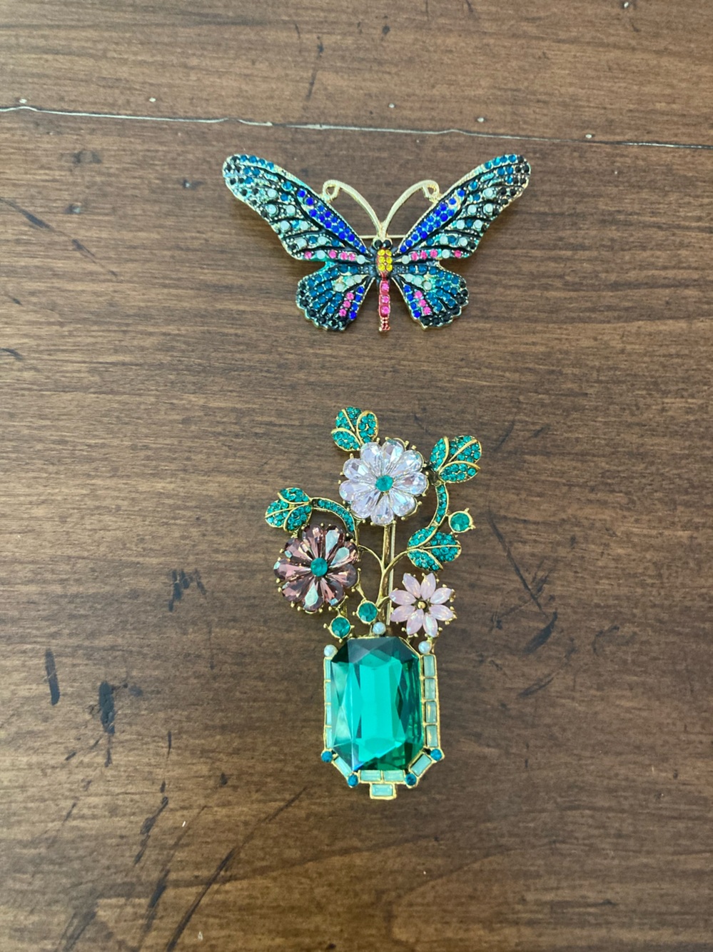 SET of 2 large Floral & Butterfly Crystal Brooches. Green, Pinks & blue.